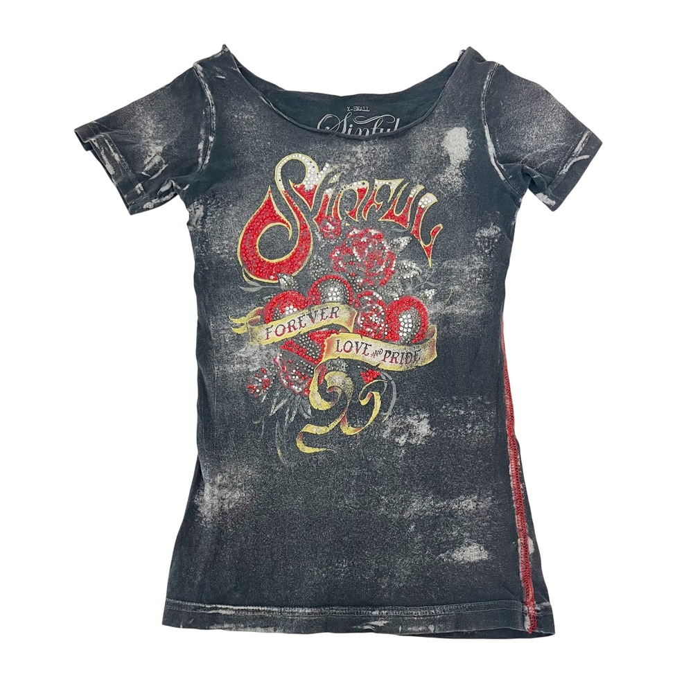 Y2K Sinful by Affliction Burnout Heart Rhinestone Graphic Tee McBling Biker - XS